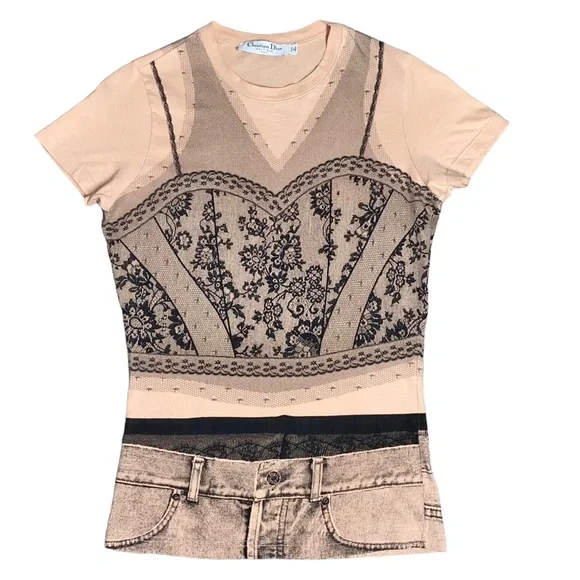 S VTG Y2k AUTH Christian Dior 2006 Trompe L'oeil Denim Lace Tee Shirt Logo Top - Picture 3 of 15
